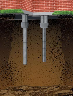Diagram of concrete pressed piers installed beneath a brick foundation corner