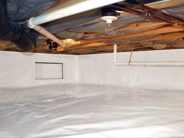 Fully encapsulated crawl space with white vapor barrier and ductwork, Fort Worth TX