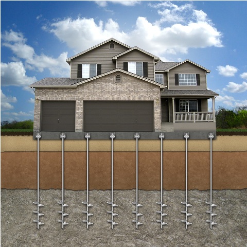 Diagram of helical piers screwed at an angle into soil to support a home's foundation
